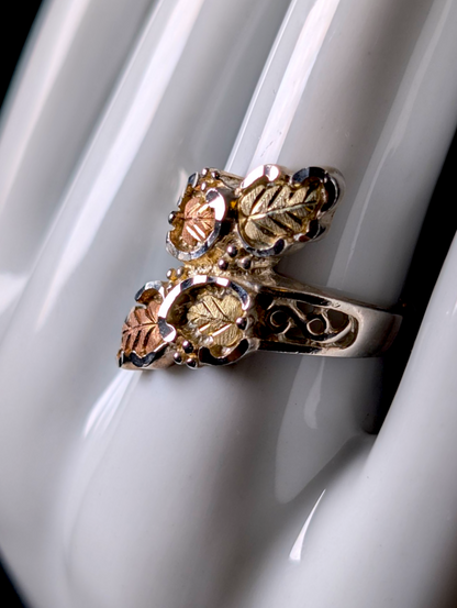 Vintage Black Hills Gold Carved 12K Gold and Sterling Silver Wrap Ring