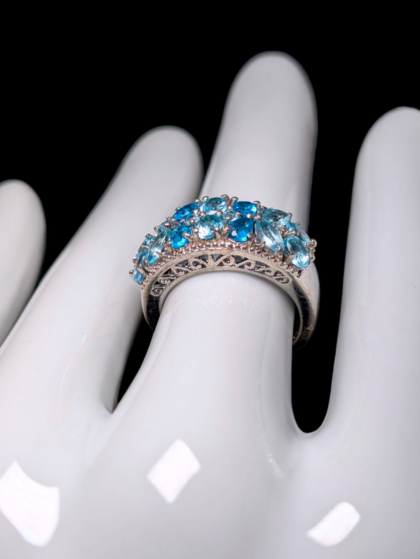 Vintage Cluster Genuine Blue Apatite Sterling Silver Statement Ring