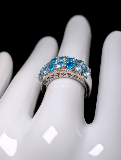 Vintage Cluster Genuine Blue Apatite Sterling Silver Statement Ring