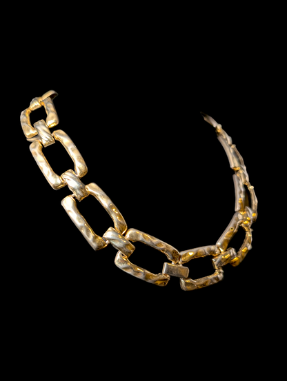 1980s Vintage Chunky Hammered Gold Tone Link Statement Necklace