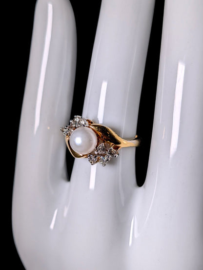 Vintage Genuine Pearl and Simulated Diamond Gold over Sterling Ring