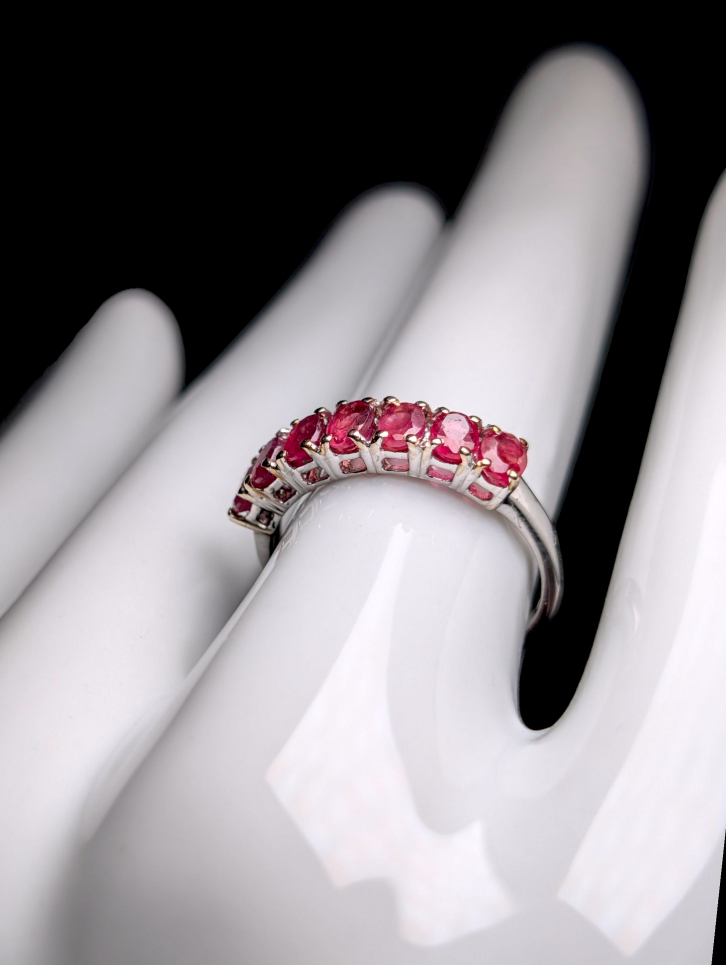 Vintage Half Eternity Oval Cut Earth Mined Genuine Ruby Sterling Silver Band Ring