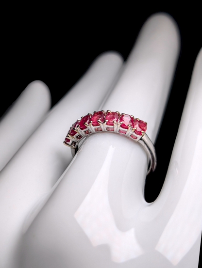 Vintage Half Eternity Oval Cut Earth Mined Genuine Ruby Sterling Silver Band Ring