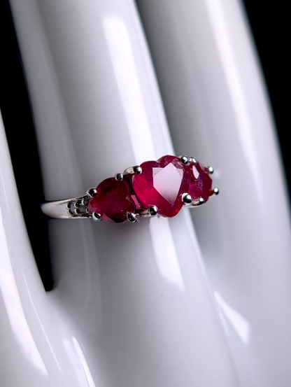 Vintage Three Heart Cut Genuine Ruby with Diamond Accent Stones Sterling Silver Ring
