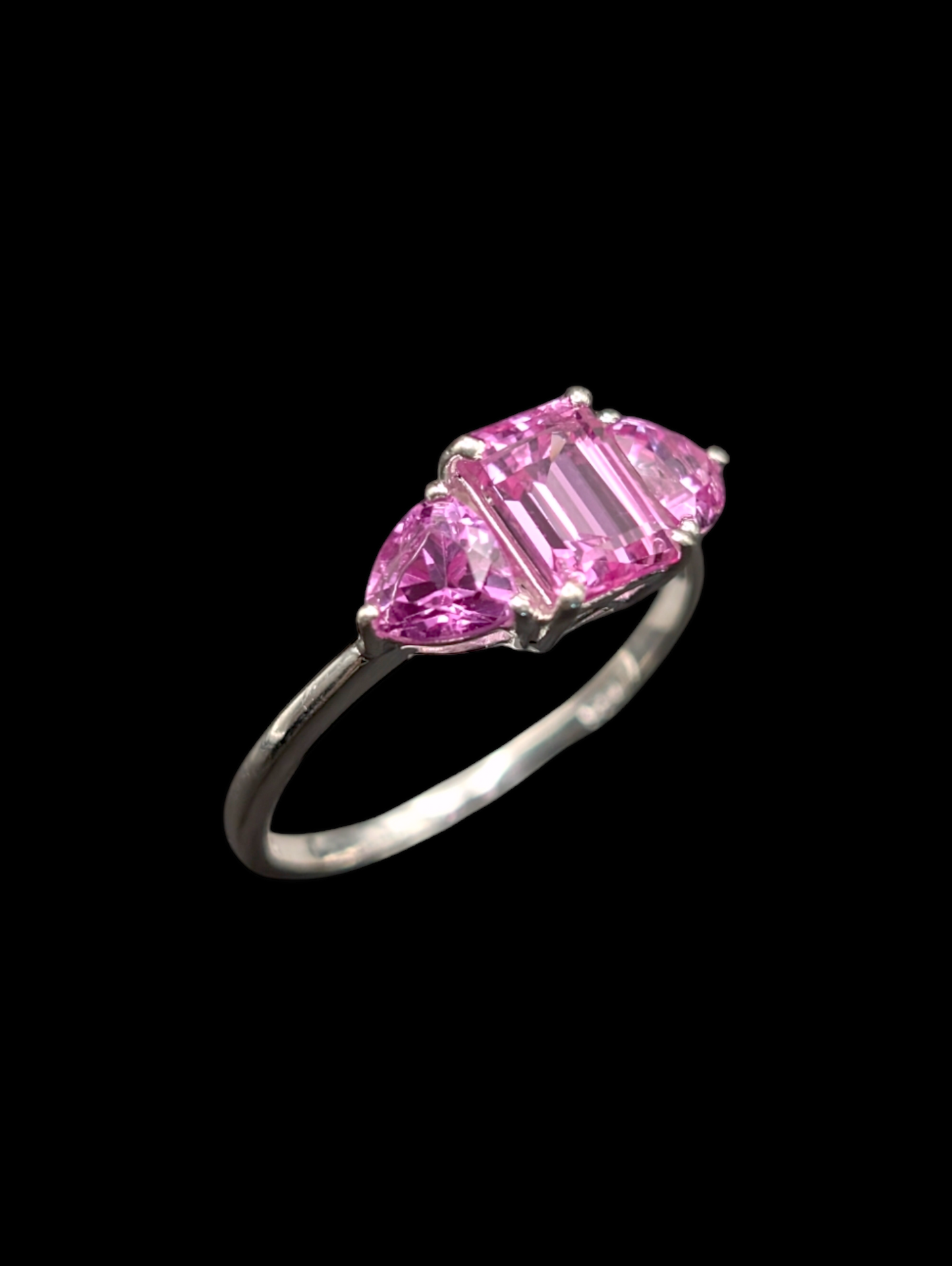 Vintage Inspired Pink Sapphire Sterling Silver Pendant, Necklace and 3 Stone Emerald Trillion Cut Ring Set