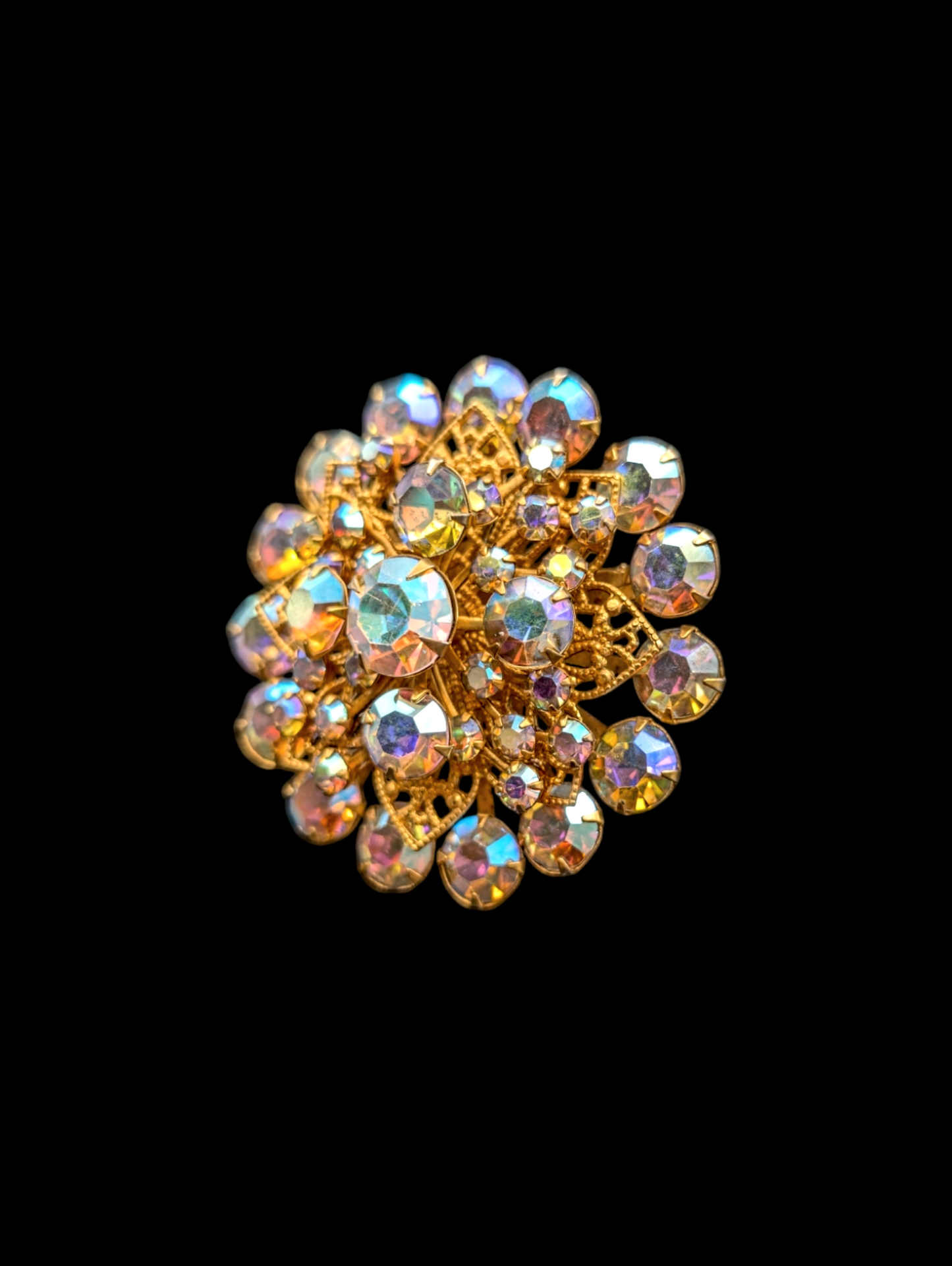 1940s - 1950s Aurora Borealis Jonquils Rhinestone Starburst Brooch Pin with Gold Star Filigree Details