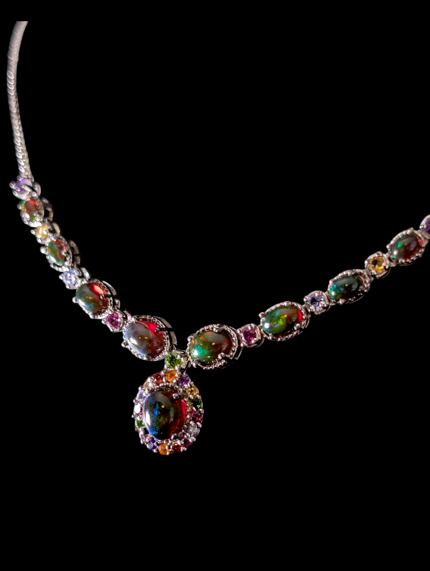 Vintage Cabochon Cut Jelly Genuine Black Opal and Multi-Gemstone Elegant Dangle Sterling Silver Necklace