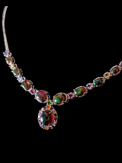 Vintage Cabochon Cut Jelly Genuine Black Opal and Multi-Gemstone Elegant Dangle Sterling Silver Necklace