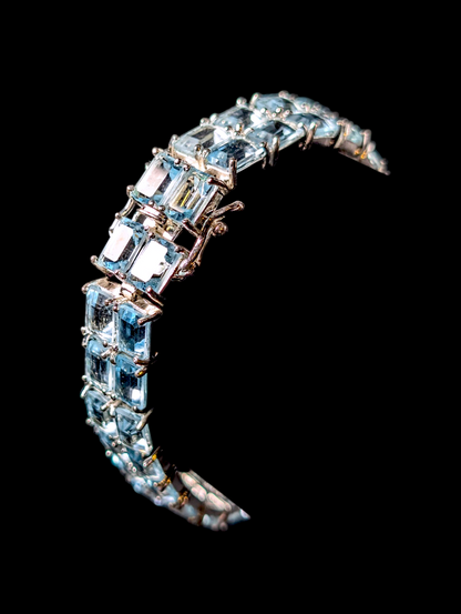 Vintage 50+ Carat Double Row Emerald Cut Genuine Sky Blue Topaz Sterling Silver Tennis Bracelet