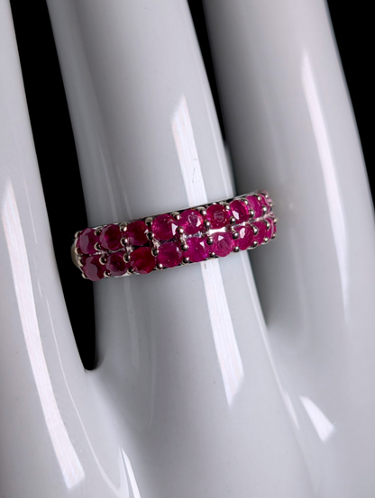 Half Eternity Double Row Earth Mined Genuine African Red Ruby Sterling Silver Band Ring