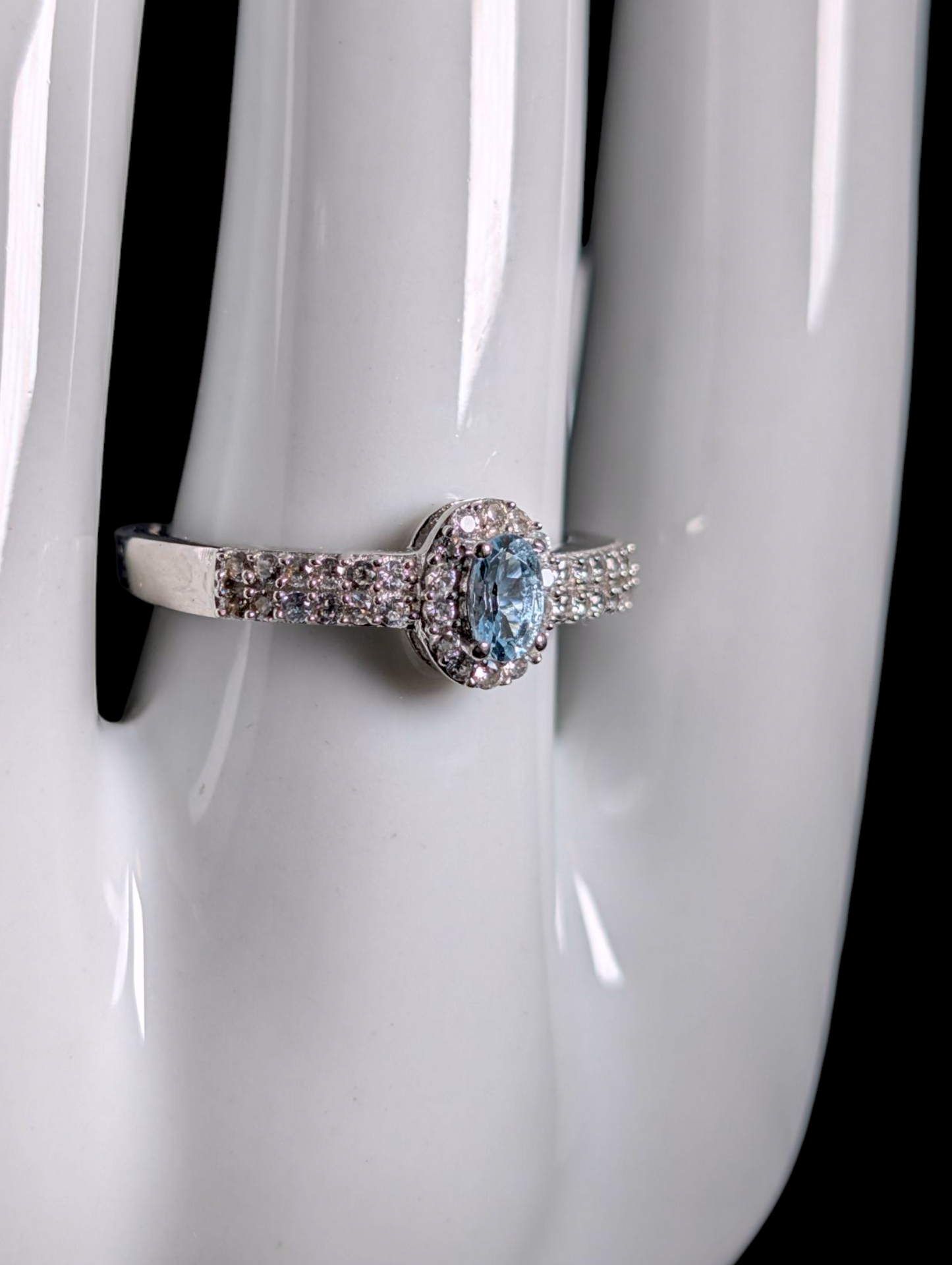 Vintage Dainty Oval Cut Solitaire Genuine Aquamarine and White Topaz Halo Sterling Silver Ring