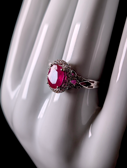 Vintage Oval Cut Genuine Ruby Solitaire with White Topaz Halo Sterling Silver Ring