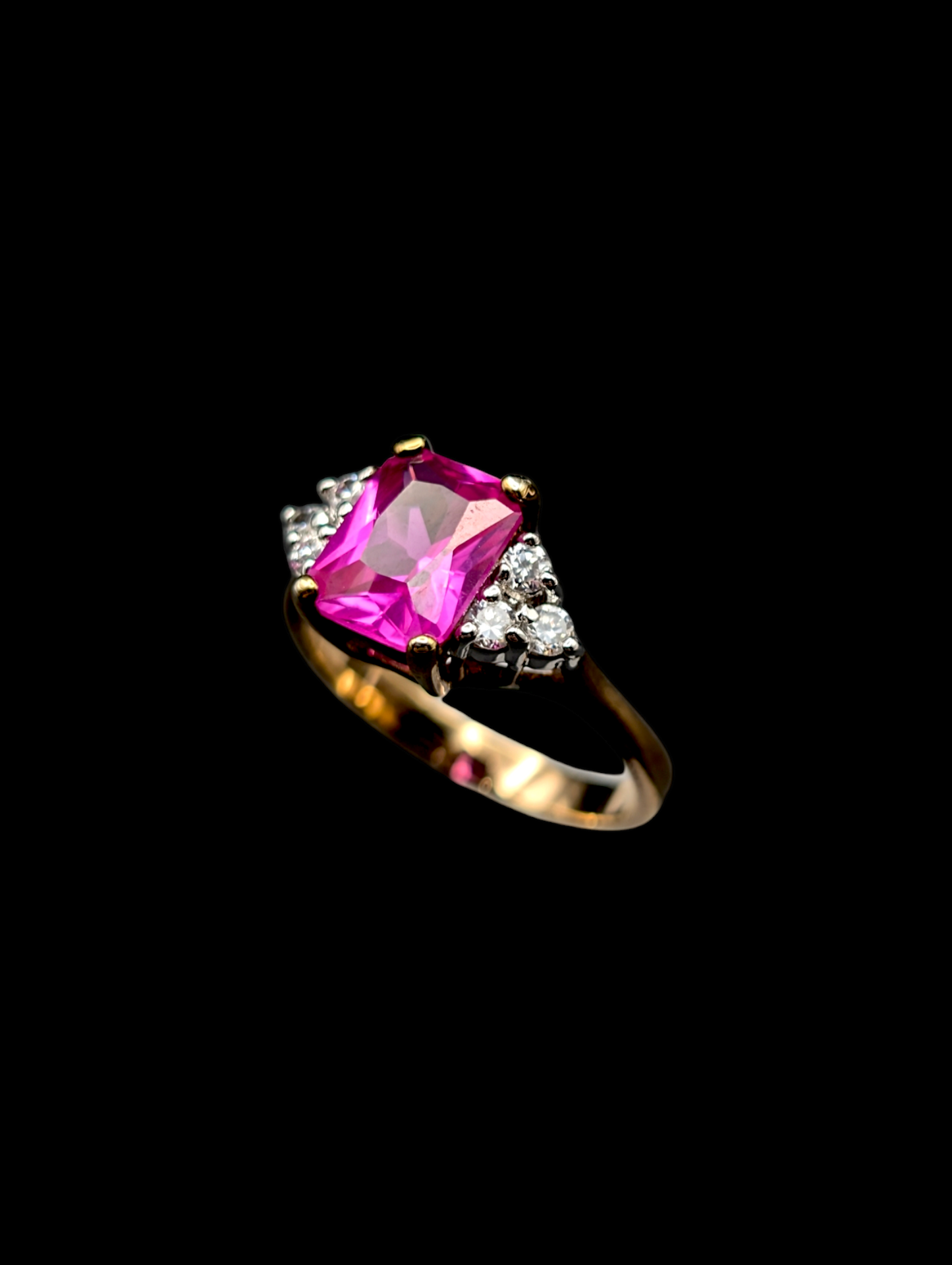 Vintage Radiant Cut Genuine Pink Sapphire and Simulated Diamond 18k Yellow Gold Vermeil Sterling Silver Ring