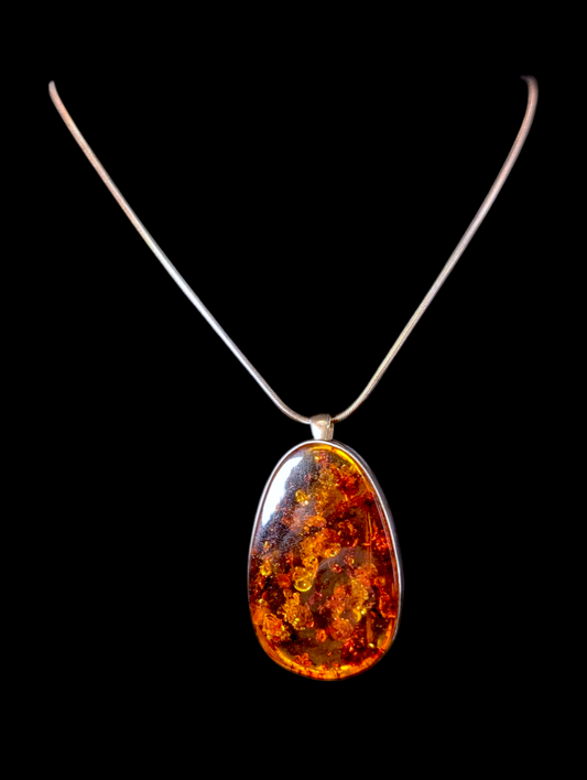 Vintage Large Genuine Baltic Amber Sterling Silver Statement Pendant Brooch with Italy Necklace