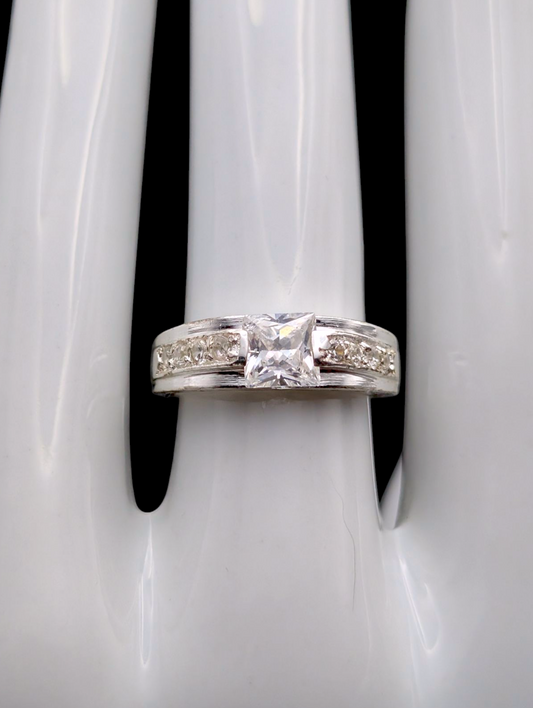 Vintage Solitaire Bezel Set Princess Cut Simulated Diamond Silver Vacation Ring