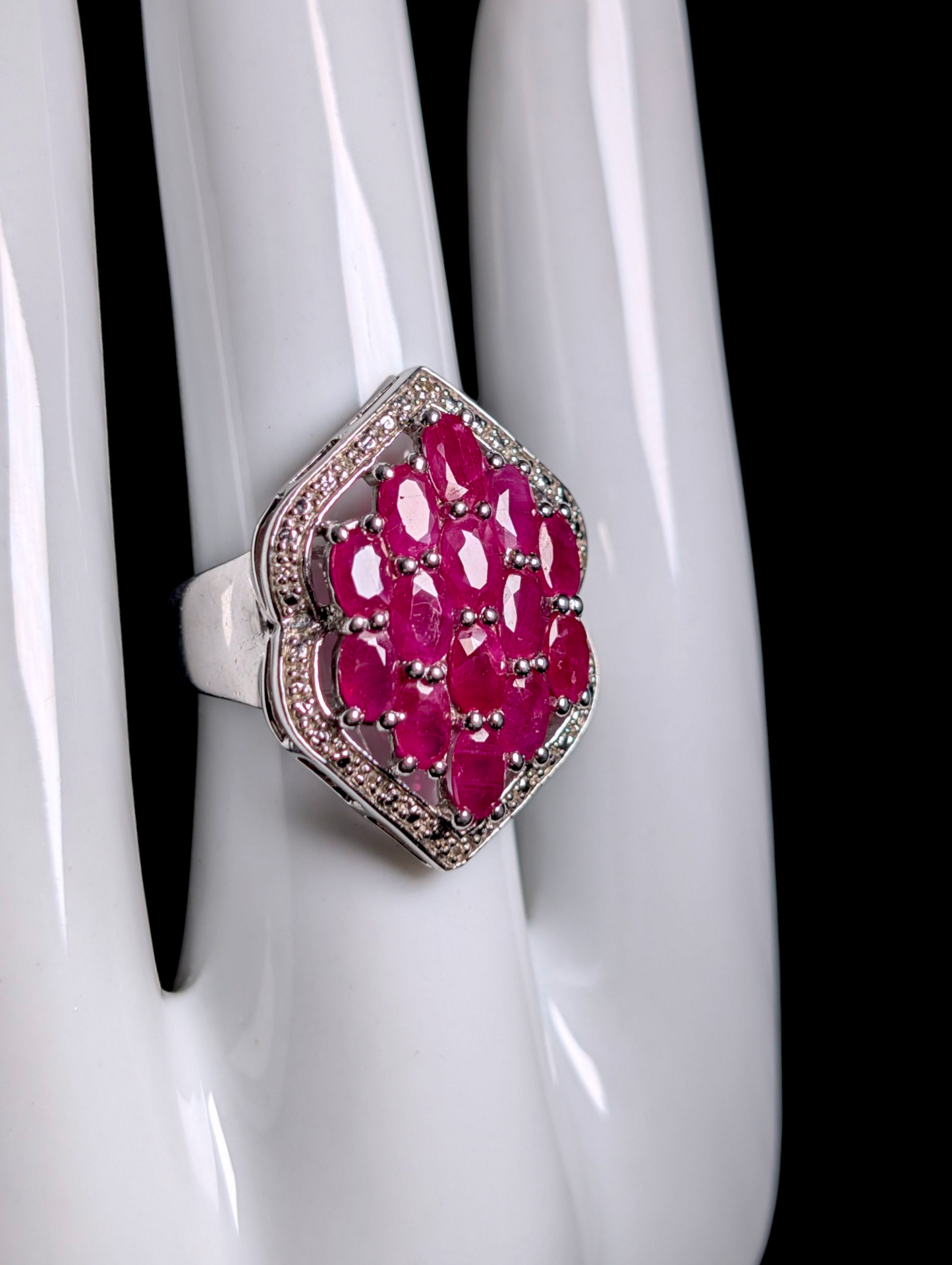 Vintage 3 Carat Earth Mined Genuine Ruby and Diamond Halo Sterling Silver Cluster Statement Ring