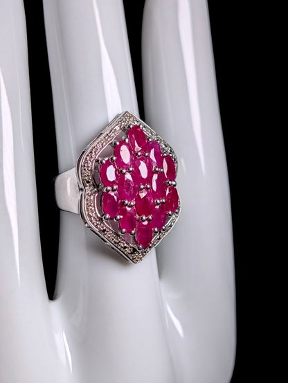 Vintage 3 Carat Earth Mined Genuine Ruby and Diamond Halo Sterling Silver Cluster Statement Ring