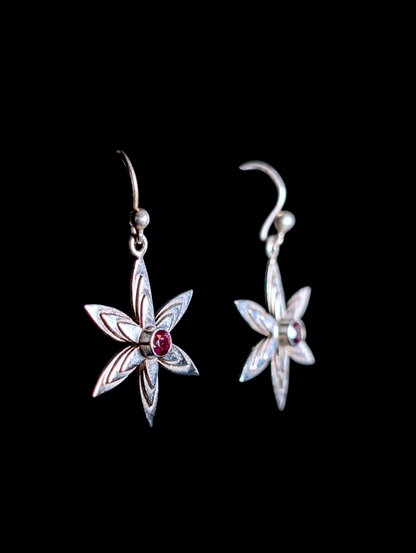 Vintage Flower Bezel Set Cabochon Genuine Garnet Sterling Silver Earrings