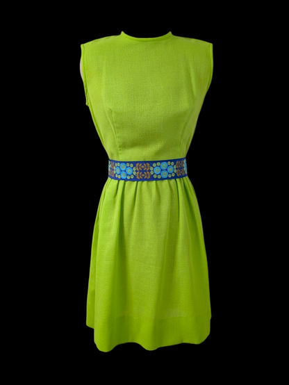 Vintage 1960s Lanz Mod Lime Green Mini Sleeveless Wiggle Dress with Wide Blue Floral Embroidered Belt