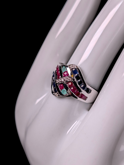 Vintage Earth Mined Genuine Emerald, Ruby and Sapphire with Diamond Accents Sterling Silver Band Ring