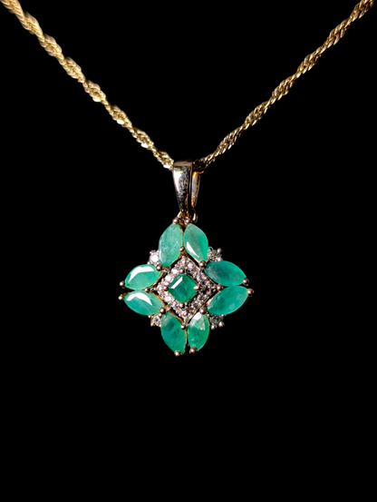 Vintage Genuine Emerald and White Zircon 14k Yellow Gold Vermeil Starburst Pendant and Rope Twisted Chain Necklace