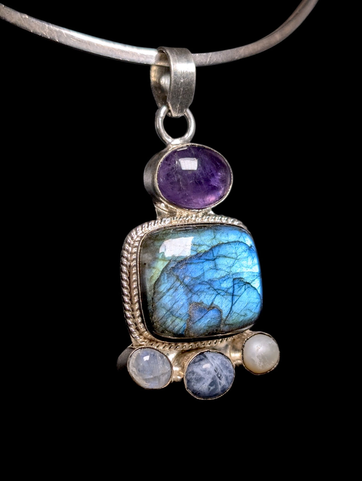 Vintage Large Genuine Labradorite, Amethyst, Moonstone, Pearl and Sodalite Sterling Silver Pendant