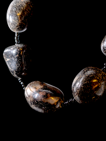 Vintage Chunky Earth Mined Genuine Black Imperial Jasper Polished Beaded Copper Necklace