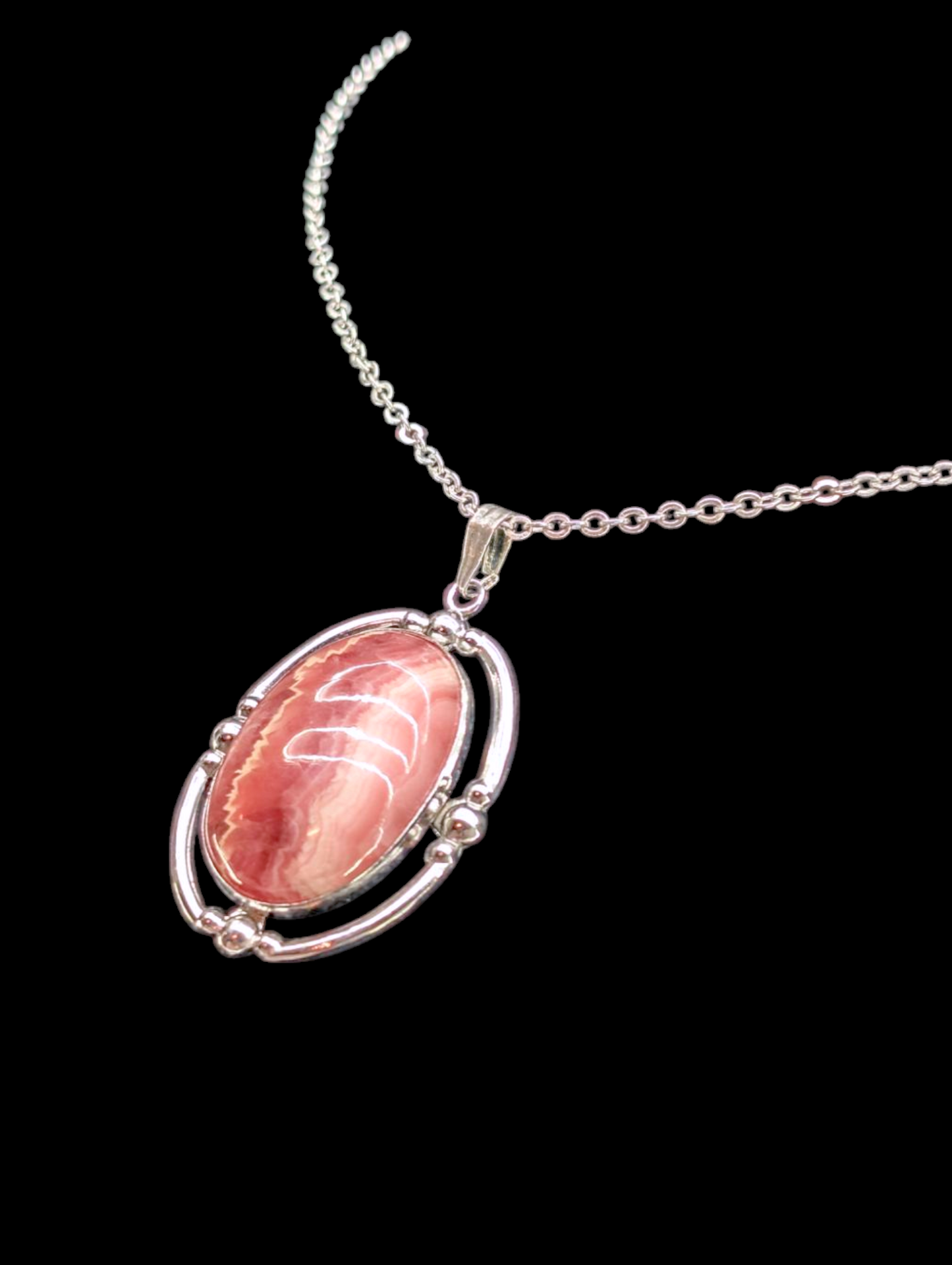 Vintage Genuine Rhodochrosite Sterling Silver Pendant and Necklace Chain