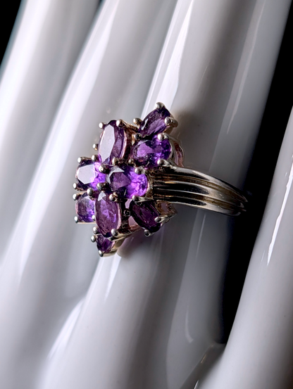 Vintage Cluster Waterfall Genuine Grape Purple Amethyst Sterling Silver Ring