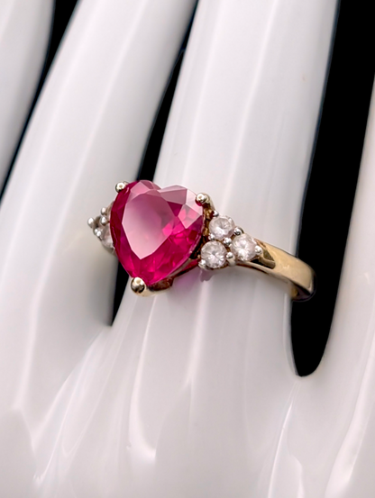 Vintage Genuine Red Ruby Heart with White Sapphire 14k Yellow Gold Vermeil Ring