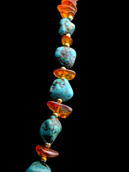 Vintage Genuine Amber and Turquoise with Gold Bead Southwest Style Gemstone Necklace