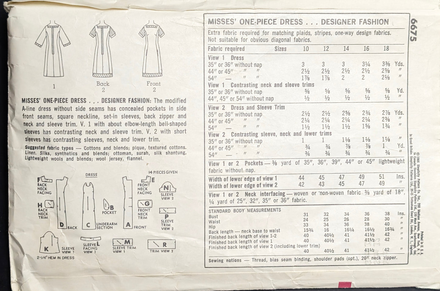 1960s - 1970s Original Vintage Sewing Pattern: Simplicity 6675 Size 12