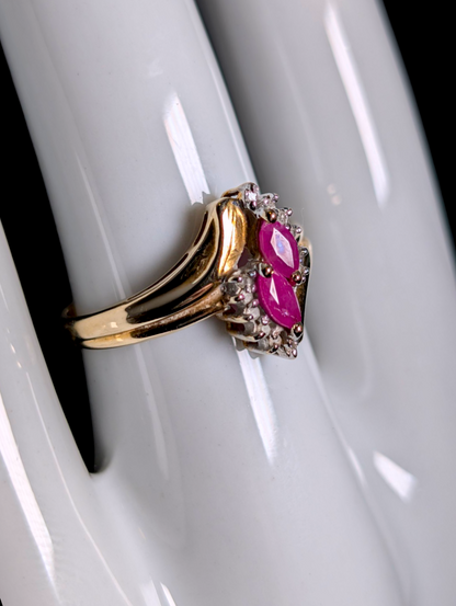Vintage 12k Gold Twin Marquise Cut Genuine Earth Mined Ruby and Diamond Halo Ring