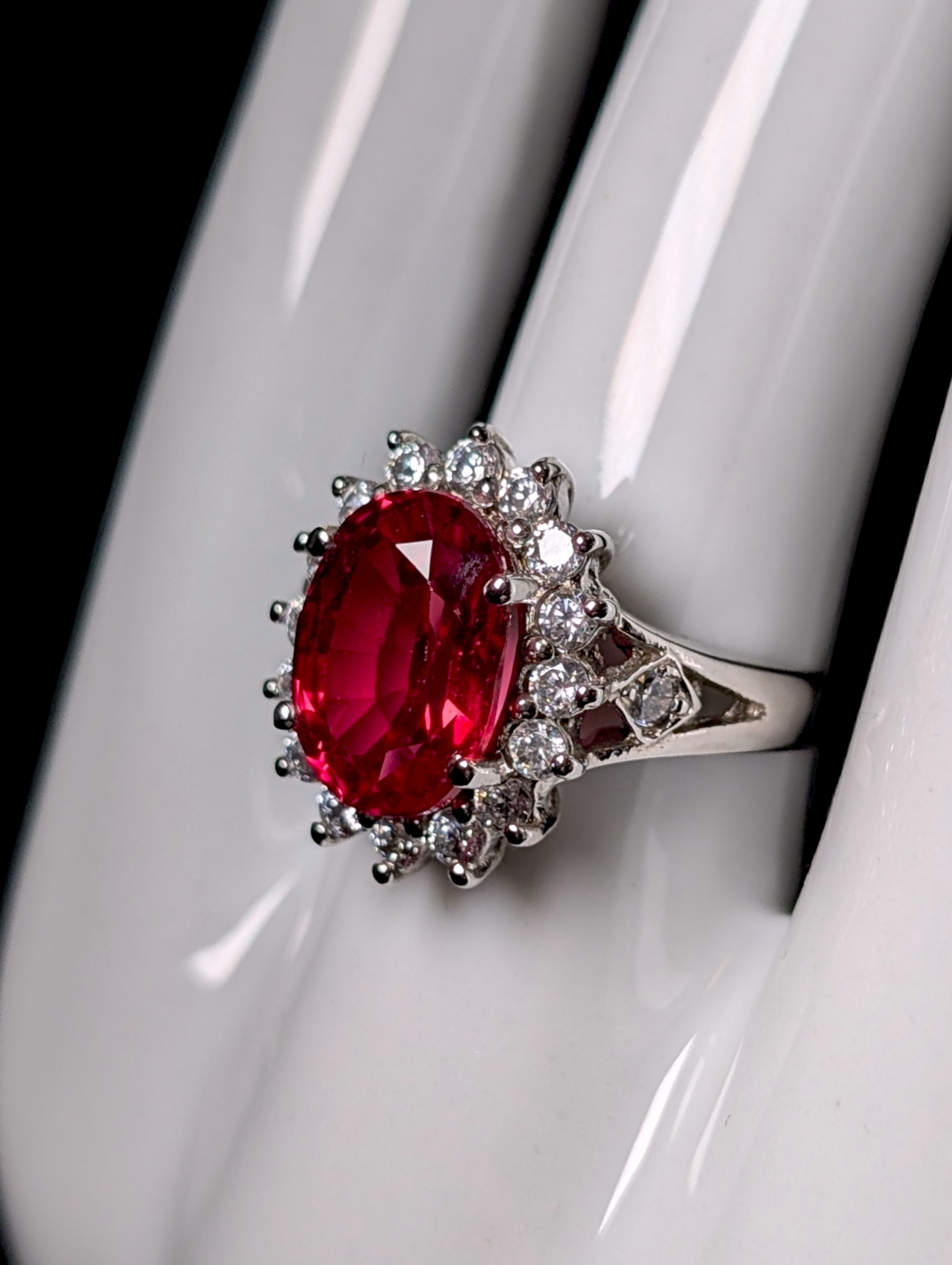 Vintage Oval Cut Genuine Ruby Solitaire with Simulated Diamond Halo Sterling Silver Statement Ring