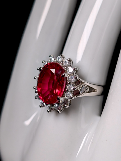 Vintage Oval Cut Genuine Ruby Solitaire with Simulated Diamond Halo Sterling Silver Statement Ring