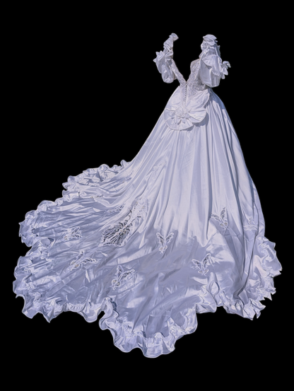 Vintage "Cinderella" Timeless White Wedding Dress with Ruffled Train, Puffed Sleeves, Rosette Details and Aurora Borealis Sequins Dripping with Pearls