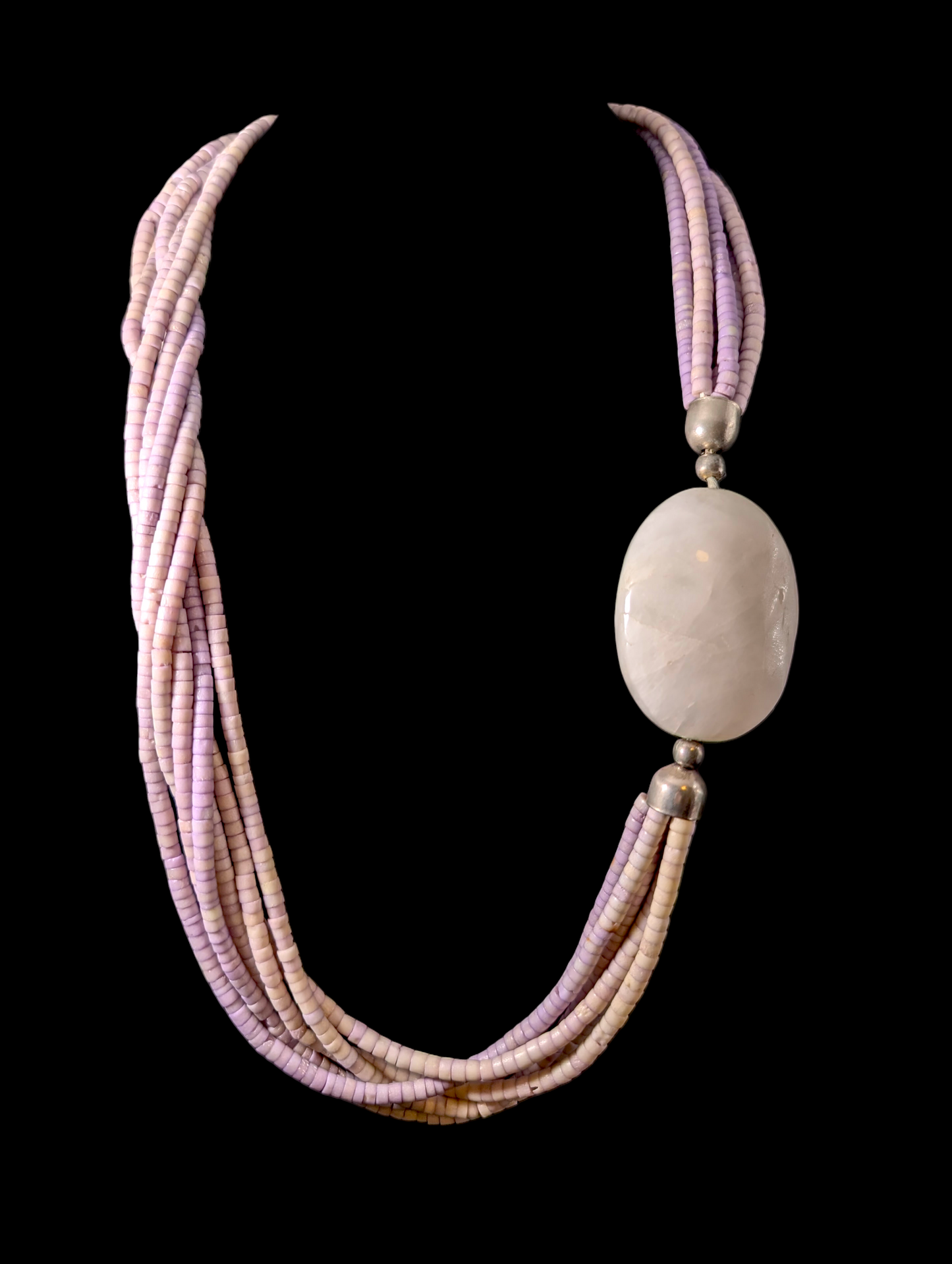 Vintage Hand Beaded Genuine Quartz and Purple Clam Shell Heishi Sterling Silver Necklace