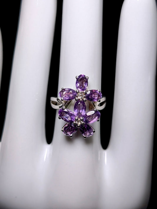 Vintage Double Flower Genuine Amethyst and White Zircon Center Sterling Silver Ring