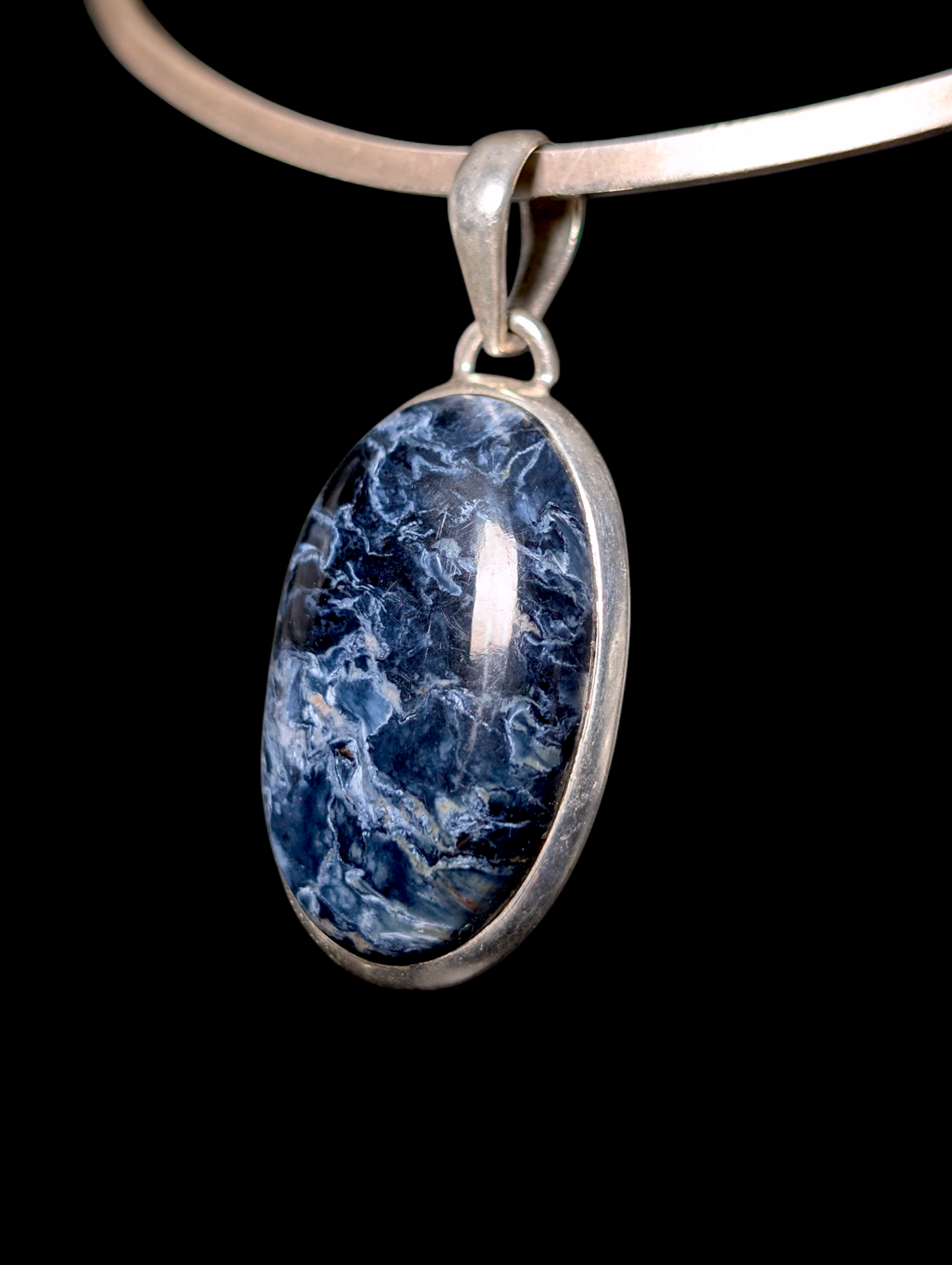Vintage Oval Cut Cabochon Genuine Pietersite Sterling Silver Bezel Set Pendant