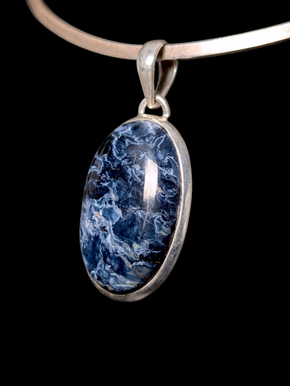 Vintage Oval Cut Cabochon Genuine Pietersite Sterling Silver Bezel Set Pendant