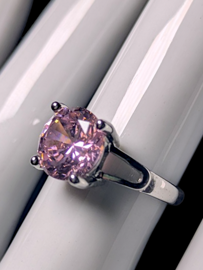 Vintage Round Brilliant Cut Simulated Pink Diamond Solitaire Silver Toned Ring