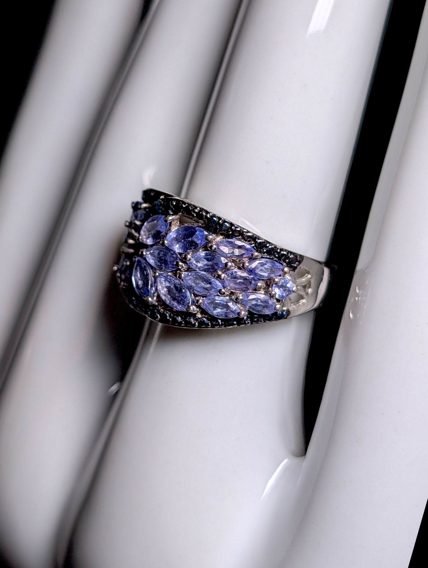 Vintage Earth Mined Genuine Tanzanite and Blue Diamond accents with Black Rhodium Sterling Silver Ring