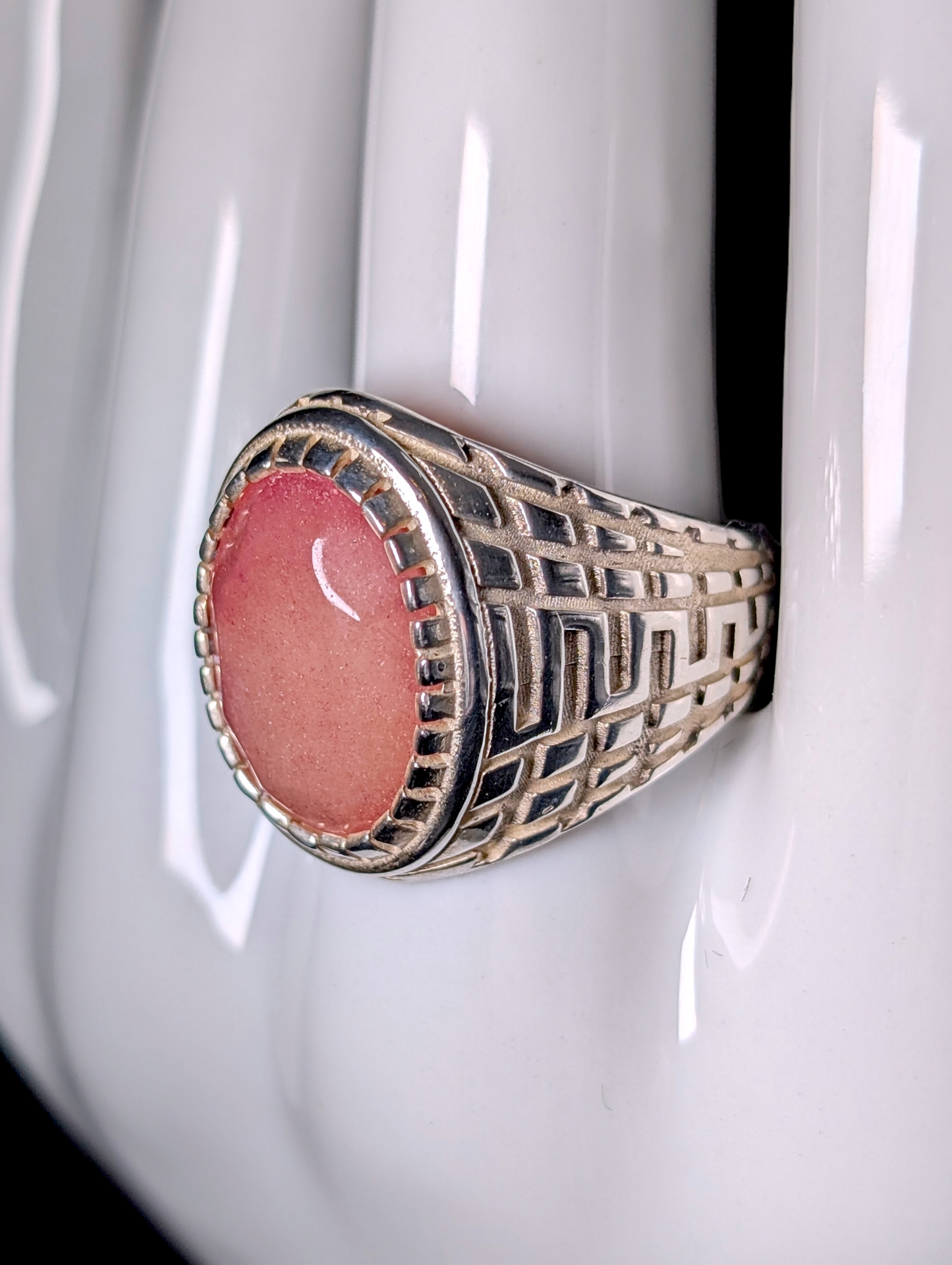 Vintage Bezel Set Oval Cut Genuine Agate Solitaire Sterling Silver Men's Ottoman Ring