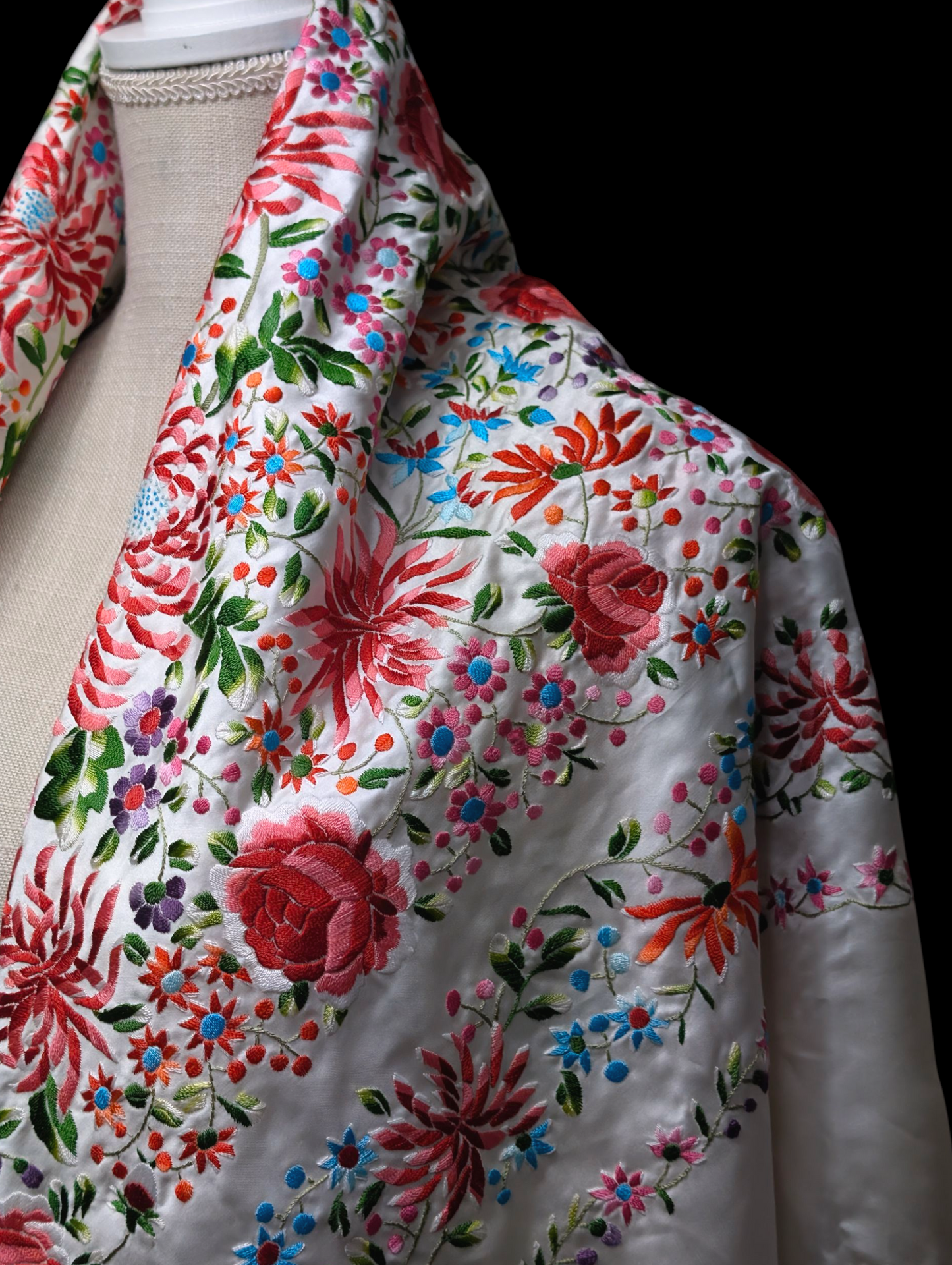 Antique Rare Manton De Manila Embroidered Florals Silk Flamenco Piano Shawl in White with Hand Knotted Macrame Fringe