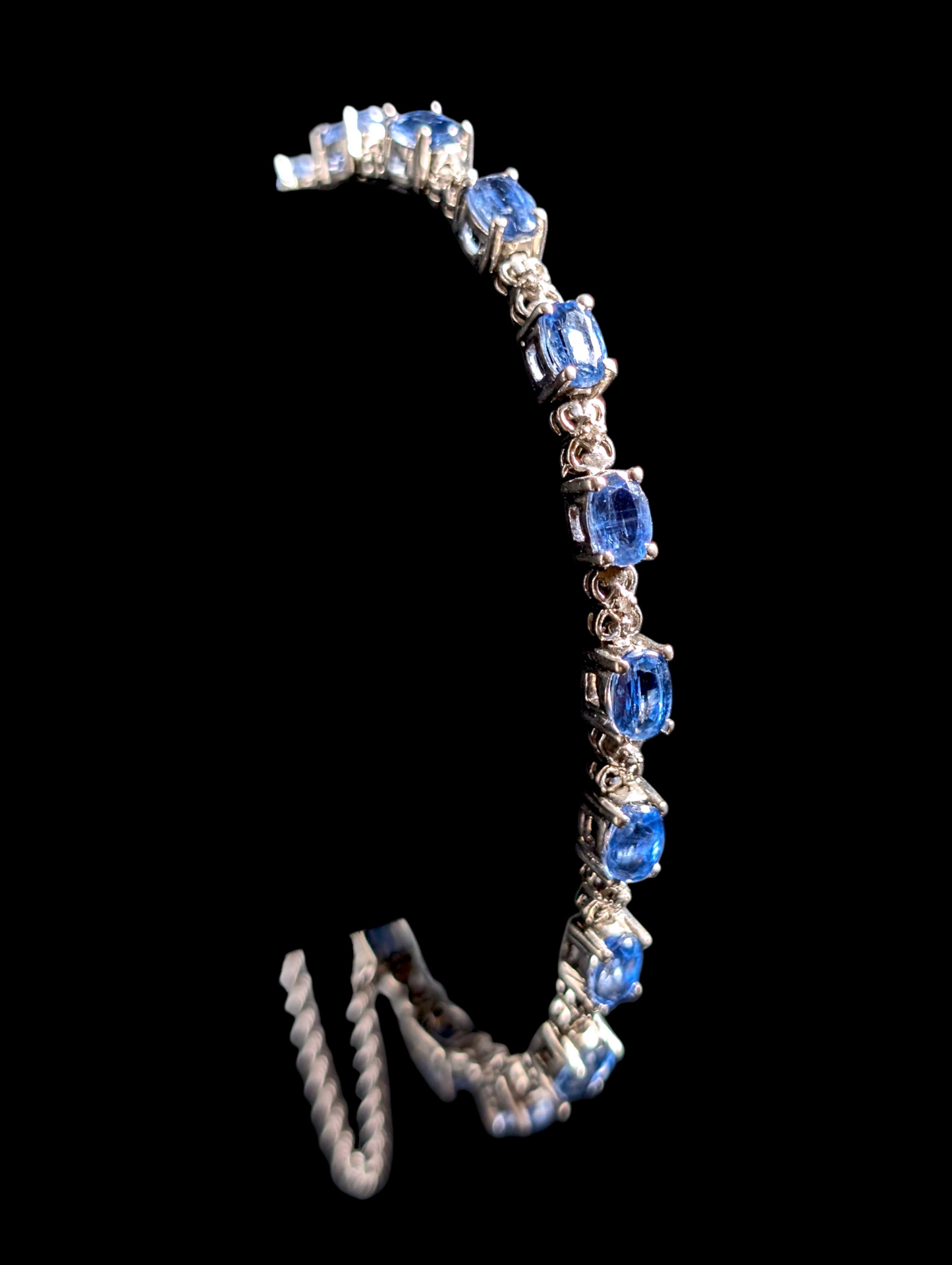 Vintage 7+ Carat Oval Cut Genuine London Blue Topaz Sterling Silver Tennis Bracelet with 14k White Gold Safety Chain