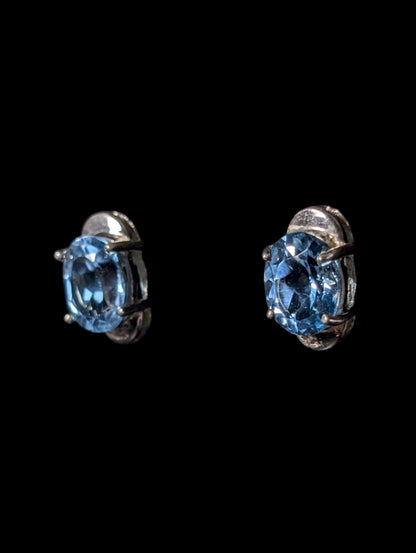 Vintage 4+ Carats Oval Cut Genuine Blue Topaz Stud Sterling Silver Earrings