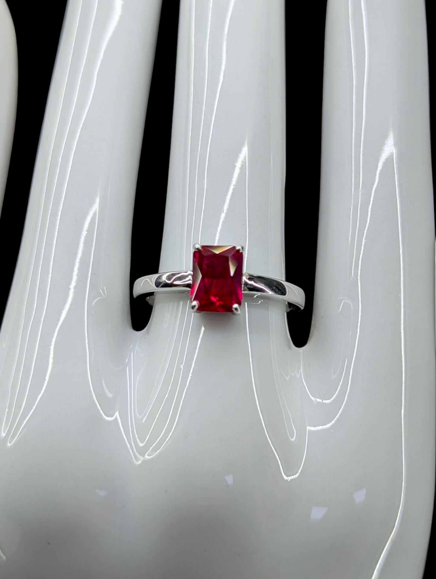 Vintage Radiant Cut Genuine Ruby Solitaire Rhodium Over Sterling Silver Ring