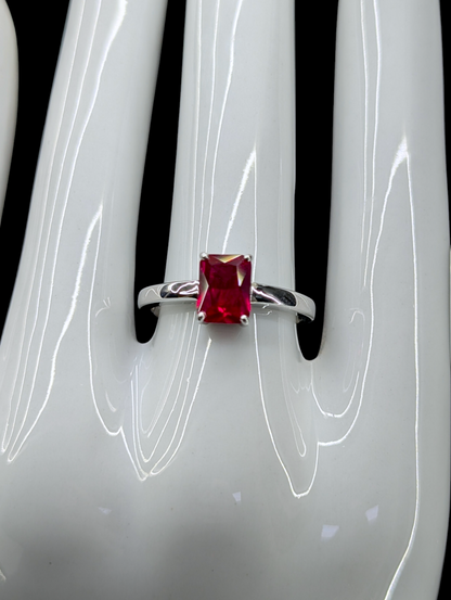 Vintage Radiant Cut Genuine Ruby Solitaire Rhodium Over Sterling Silver Ring