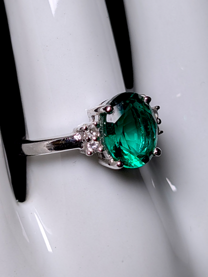 Vintage Inspired Simulated Emerald Solitaire with Simulated Diamond Accents Sterling Silver Ring