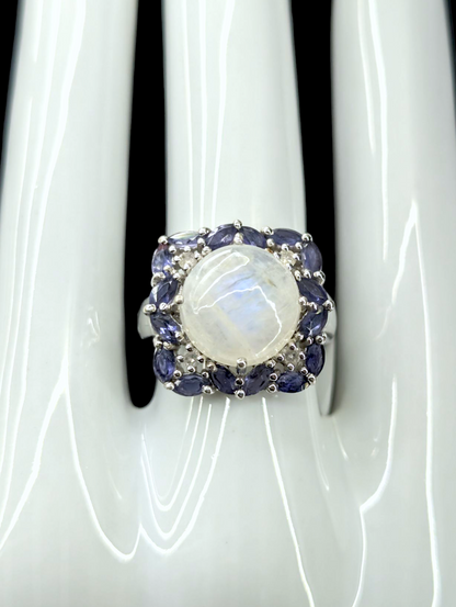 Vintage Large Genuine White Rainbow Moonstone and Tanzanite with Diamond Rhodium over Sterling Silver Ring